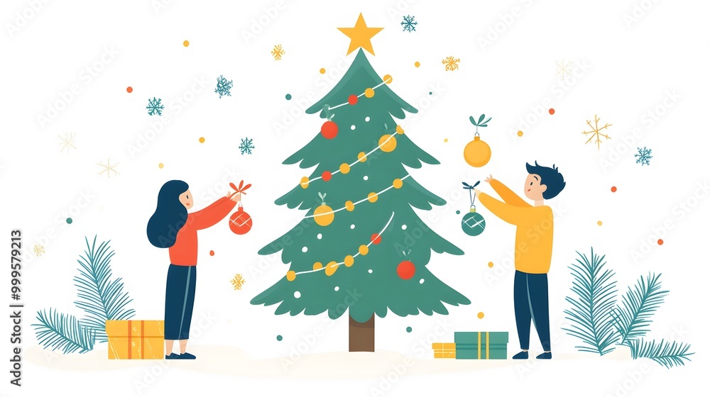 Children hanging ornaments on a Christmas tree in a cozy living room with festive decorations, cartoon vector style Children hanging ornaments on a Christmas tree in a cozy living room with festive decorations, cartoon vector style
