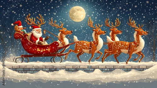 Reindeer pulling Santa's sleigh across a snowy rooftop under the moonlight, cartoon vector style photo