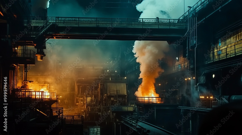 Large Industrial Steel Mill with Smoke and Sparks in the Air. The dark and gritty environment captures the raw power and scale of heavy industry Large Industrial Steel Mill with Smoke and Sparks in the Air. The dark and gritty environment captures the raw power and scale of heavy industry