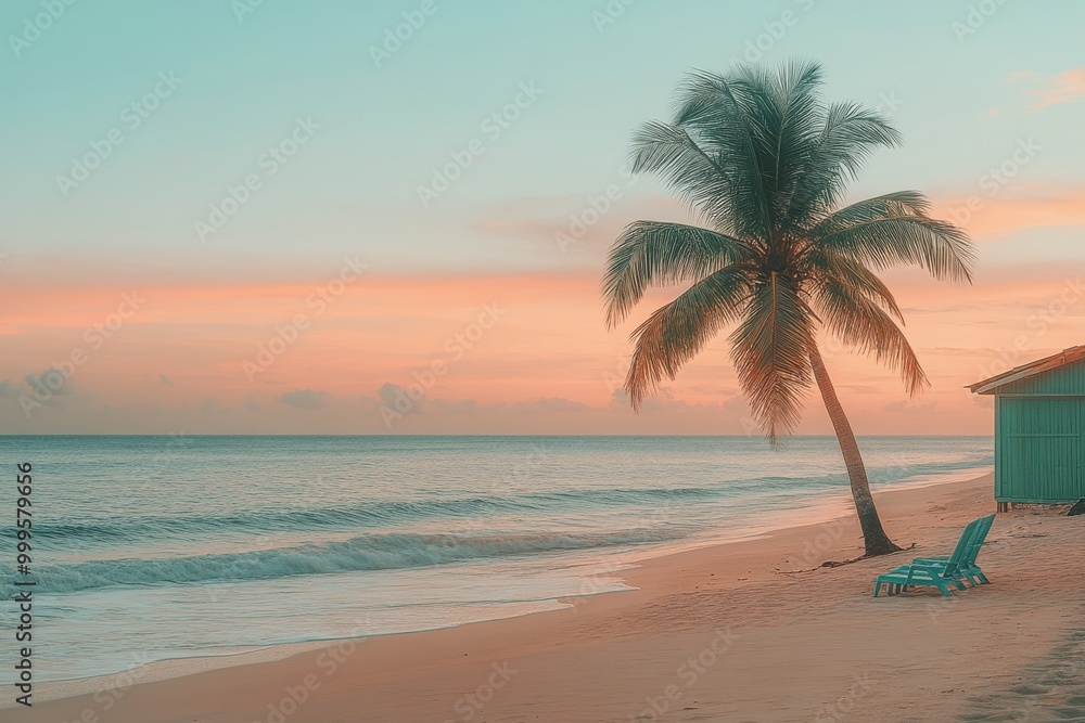 Obraz premium Serene sandy beach at sunset with soft pastel colors in the sky