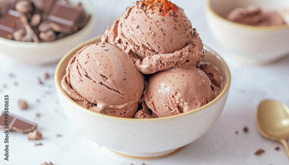Scoops of chocolate ice cream topped with chili flakes in ceramic bowl Scoops of chocolate ice cream topped with chili flakes in ceramic bowl