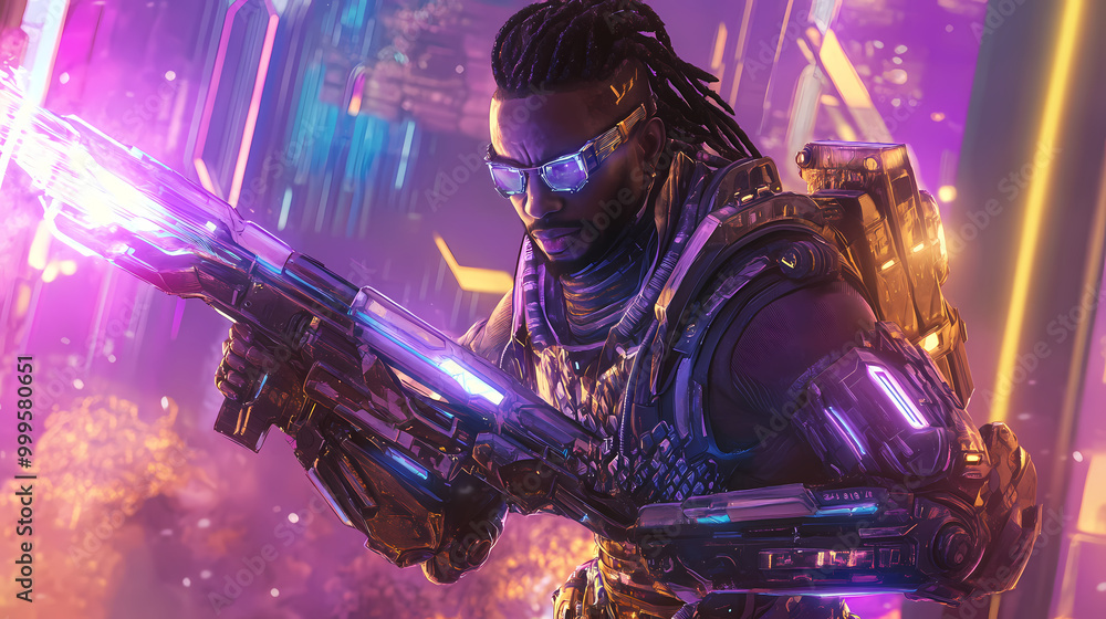 Generative AI, Neon-Lit Landscape and the Afrofuturist Warrior Wielding Energy Blades Generative AI, Neon-Lit Landscape and the Afrofuturist Warrior Wielding Energy Blades