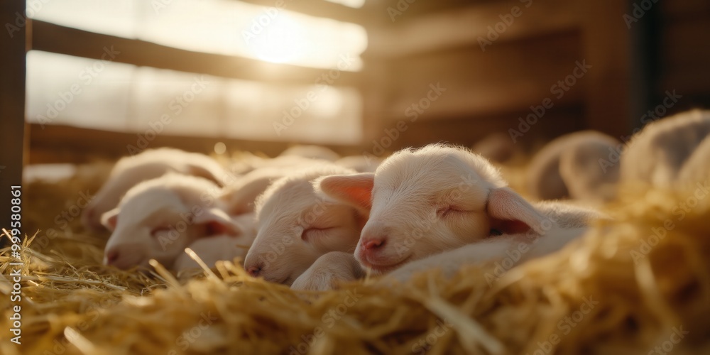 Group of Newborn Lambs Peacefully Sleeping on Straw in a Sunlit Barn Group of Newborn Lambs Peacefully Sleeping on Straw in a Sunlit Barn