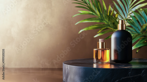 Wallpaper Mural Product reveal with golden bottles and green leaves Torontodigital.ca