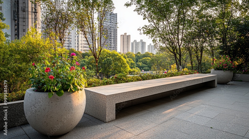 On the edge of the elevated terrace overlooking the park is a concrete long flowerpot with a concrete bench. is part of the city colonnade. flowers bloom here On the edge of the elevated terrace overlooking the park is a concrete long flowerpot with a concrete bench. is part of the city colonnade. flowers bloom here