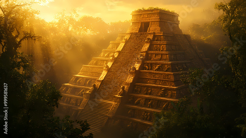 Generative AI, Sacred Aztec Pyramid in the Jungle with Golden Stone Carvings