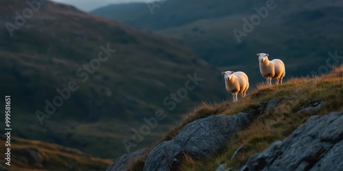 Romney sheep grazing on a steep, rocky hillside in the Cumbrian uplands, surrounded by craggy peaks and hardy vegetation photo