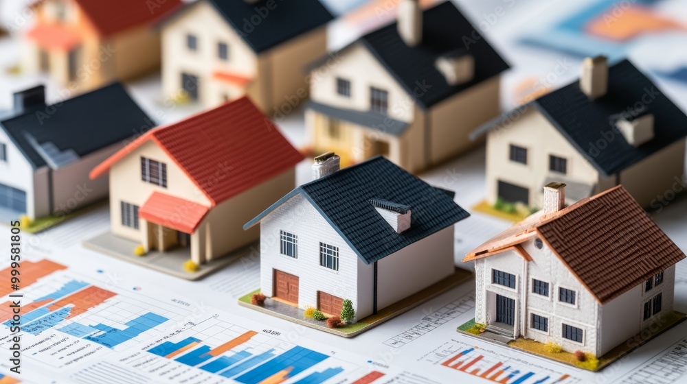 House models real estate tycoons are analyzing earnings through data analytics graphs. House models real estate tycoons are analyzing earnings through data analytics graphs.