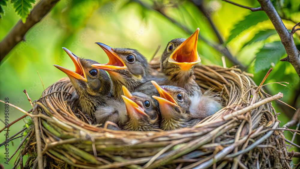 Five baby birds with open beaks eagerly await food from their parent, nestled in a well-constructed nest among the green foliage during springtime Five baby birds with open beaks eagerly await food from their parent, nestled in a well-constructed nest among the green foliage during springtime