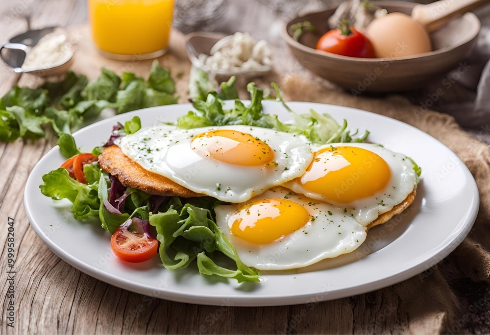 Enjoy a bright and delicious breakfast with sunny-side-up eggs, bread, and fresh vegetables, beautifully arranged. Enjoy a bright and delicious breakfast with sunny-side-up eggs, bread, and fresh vegetables, beautifully arranged.