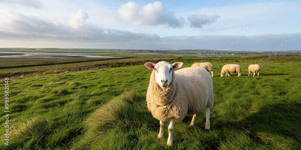 A high-resolution photograph of Romney sheep grazing on species-rich grasslands, with the expansive Romney Marsh in the background