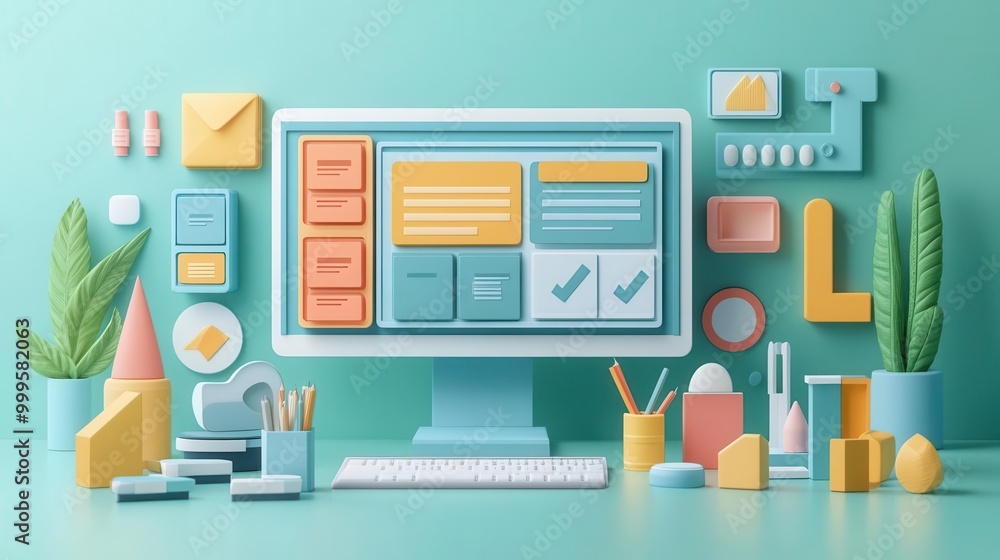 Design a ticketing system for handling customer issues and requests on an ecommerce site, flat design, top view, workflow theme, 3D render, Triadic Color Scheme Design a ticketing system for handling customer issues and requests on an ecommerce site, flat design, top view, workflow theme, 3D render, Triadic Color Scheme