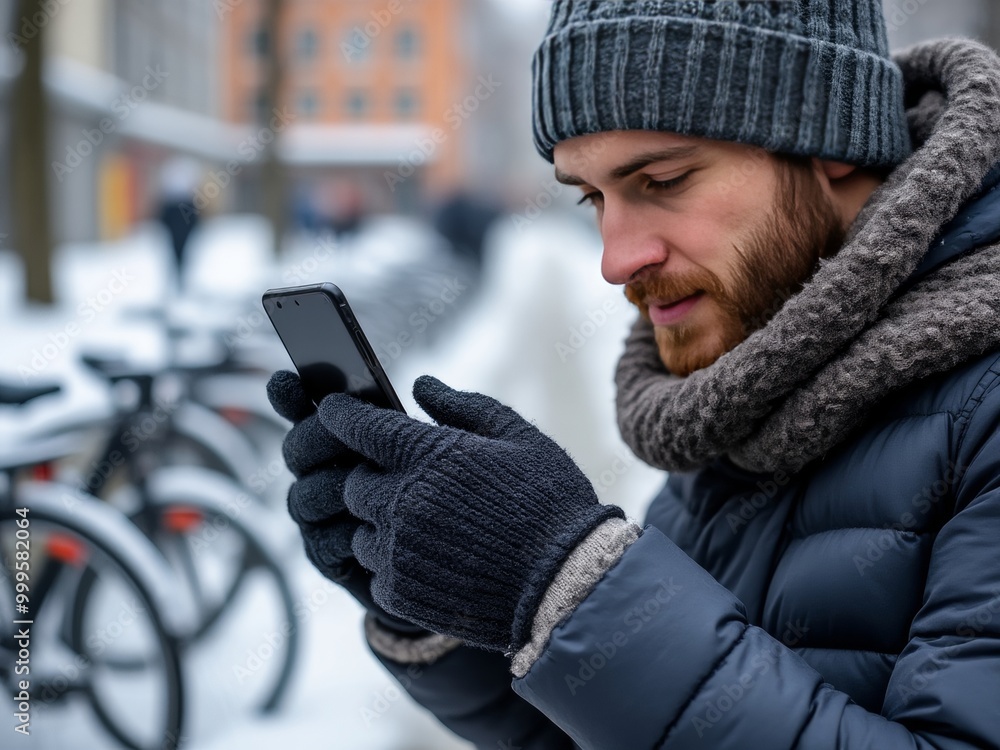 Urban winter scene. Bearded man in warm clothing checks smartphone. Gray knit hat, dark jacket, scarf. Blurred bicycles in background. Cold day in city. Modern technology use outdoors.