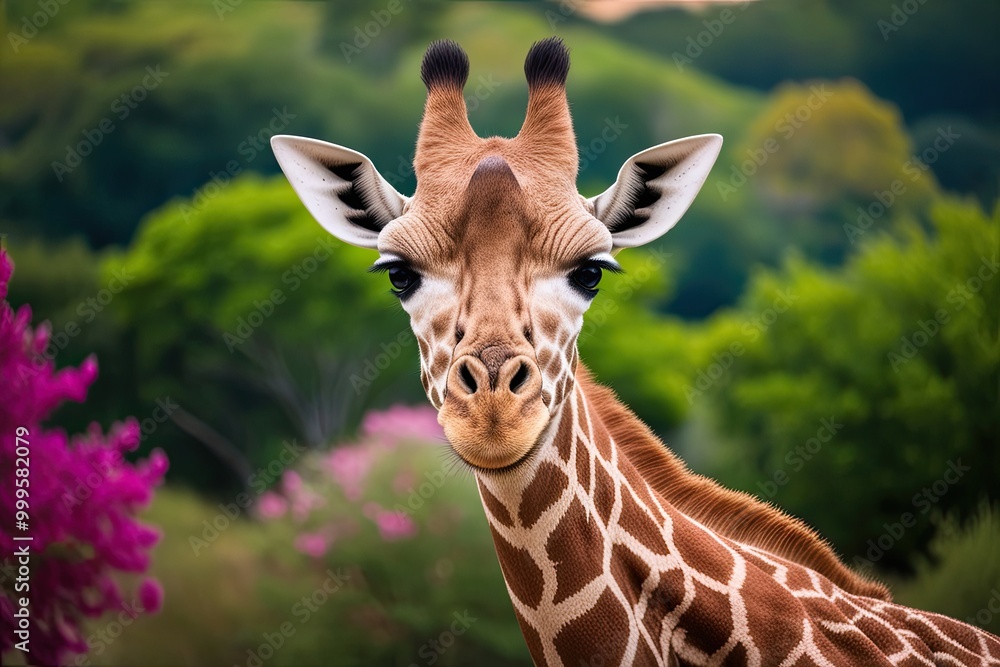 Fototapeta premium Stunning Giraffe Half Face and Frontal View Isolated on Colorful Natural Backdrop
