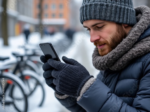 Obraz na płótnie Urban winter scene. Bearded man in warm clothing checks smartphone. Gray knit hat, dark jacket, scarf. Blurred bicycles in background. Cold day in city. Modern technology use outdoors. w salonie