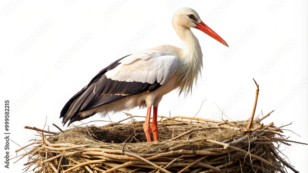 Fototapeta premium A white stork perches gracefully on its nest made of twigs and grass, embodying nurturing instincts. The elegant bird displays its long beak and feathers
