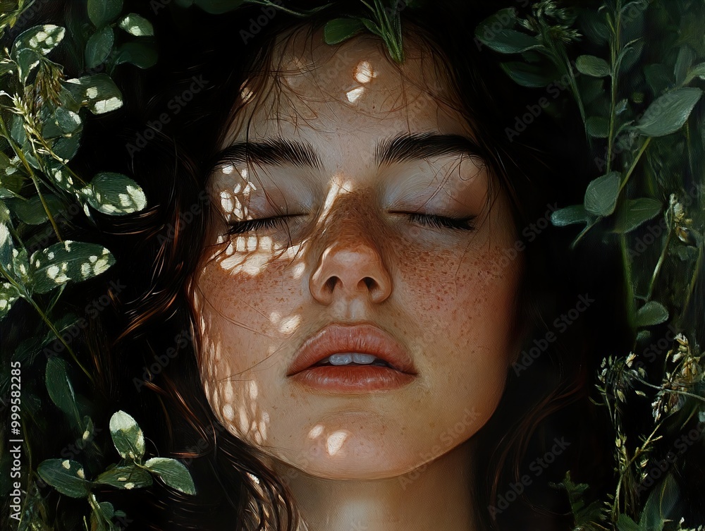 Woman with Freckles Sleeping in a Garden Woman with Freckles Sleeping in a Garden