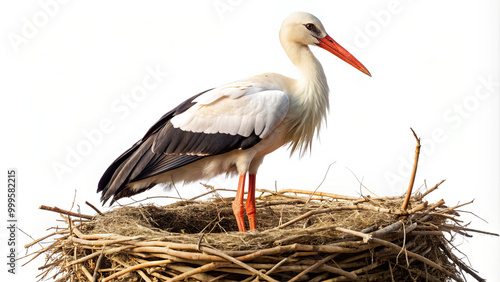 A white stork perches gracefully on its nest made of twigs and grass, embodying nurturing instincts. The elegant bird displays its long beak and feathers