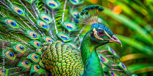 The peacock proudly spreads its colorful plumage, showcasing intricate patterns of blue and green amidst a tropical garden, surrounded by rich foliage