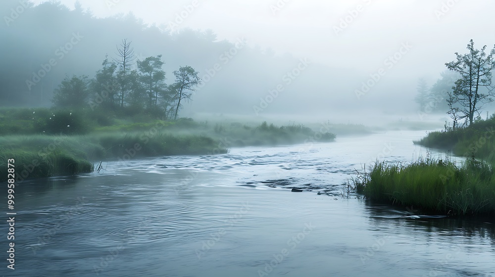 Tranquil river flows through a misty forest, creating a serene and peaceful atmosphere. Tranquil river flows through a misty forest, creating a serene and peaceful atmosphere.
