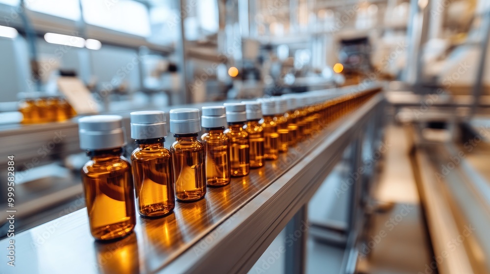 Pharmaceutical Vials on Production Line in Modern Medical Facility Pharmaceutical Vials on Production Line in Modern Medical Facility