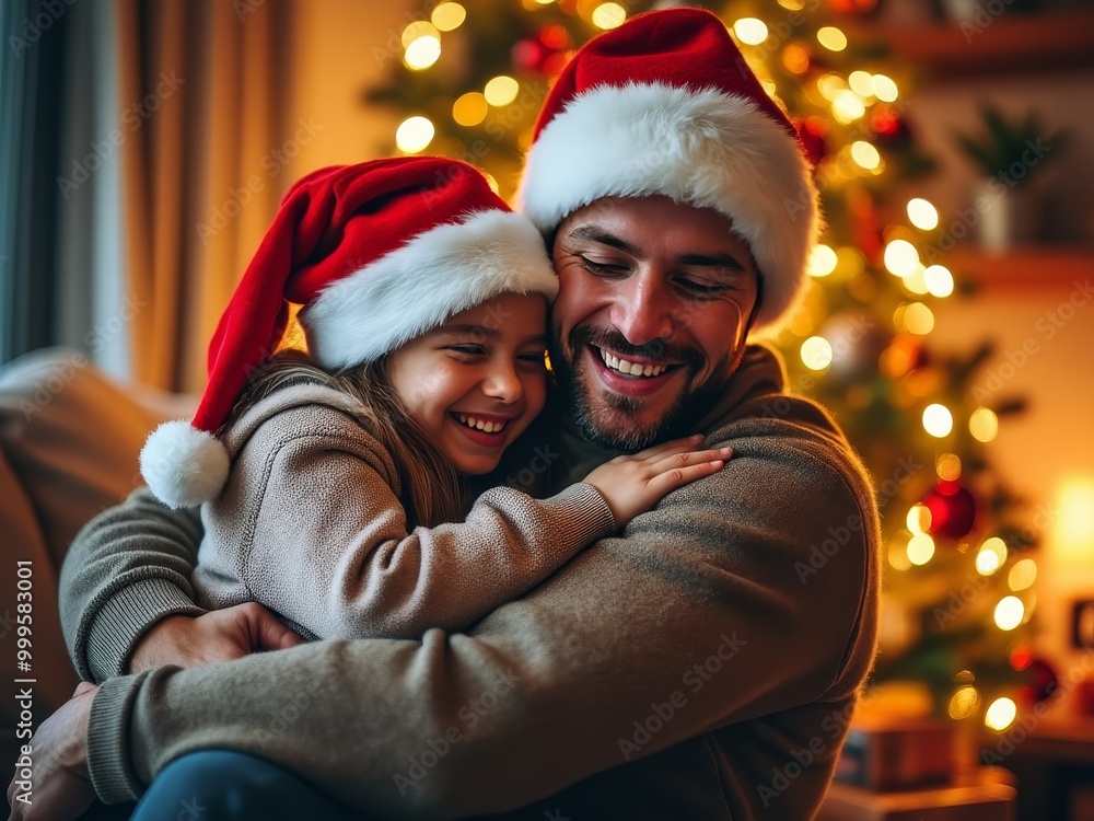 Cozy living room with Christmas tree. Father and son in Santa hats embrace, laughing. Warm light from tree illuminates their faces. Joyful holiday atmosphere with twinkling lights and decorations. Cozy living room with Christmas tree. Father and son in Santa hats embrace, laughing. Warm light from tree illuminates their faces. Joyful holiday atmosphere with twinkling lights and decorations.