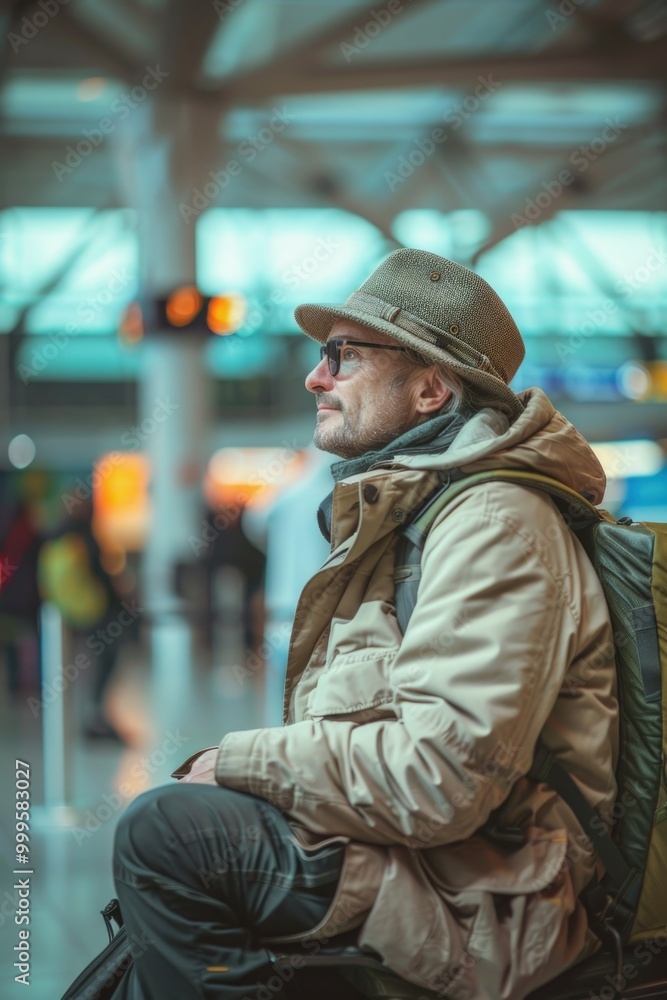 A person sitting alone on an airport bench, possibly waiting for someone or lost A person sitting alone on an airport bench, possibly waiting for someone or lost