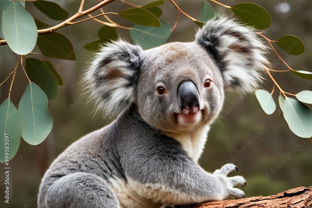 Fototapeta premium Cuddly Koala Relaxing on Eucalyptus Tree with Scenic Background
