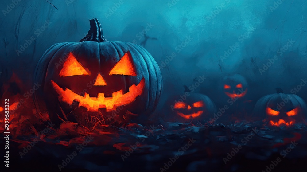 Glowing Halloween pumpkins in a misty night scene. Glowing Halloween pumpkins in a misty night scene.