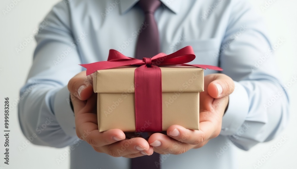 A man in business attire presents a gift box wrapped with a red ribbon, suggesting a formal occasion or thoughtful gesture. The scene emphasizes giving and appreciation. A man in business attire presents a gift box wrapped with a red ribbon, suggesting a formal occasion or thoughtful gesture. The scene emphasizes giving and appreciation.