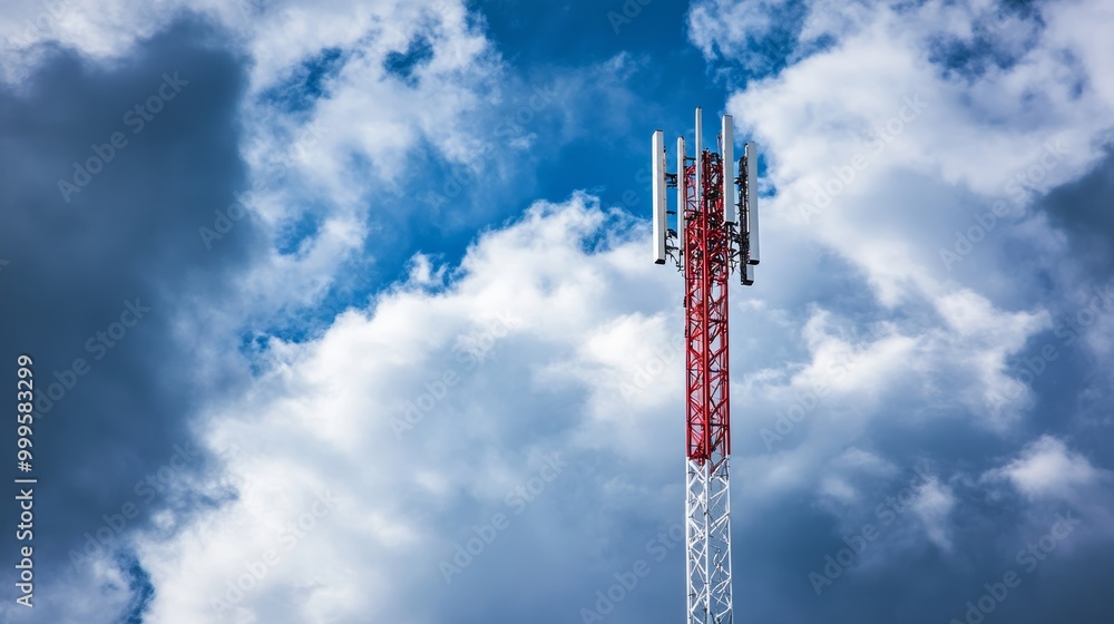 High red and white 5G communication tower pillar on a cloudy sky High red and white 5G communication tower pillar on a cloudy sky