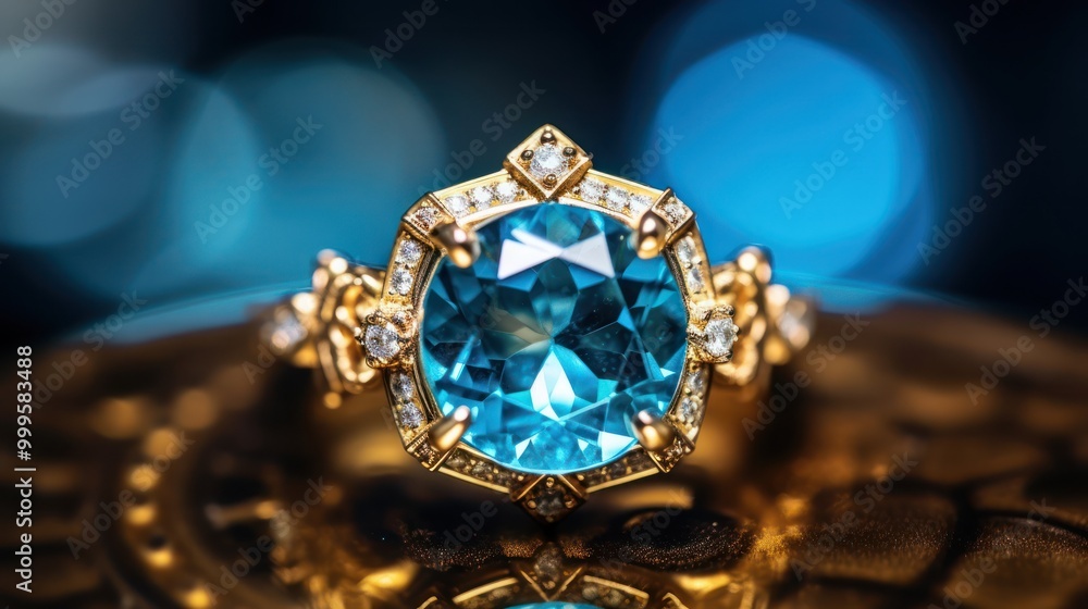 Sparkling Blue Gemstone Ring on Golden Surface Sparkling Blue Gemstone Ring on Golden Surface