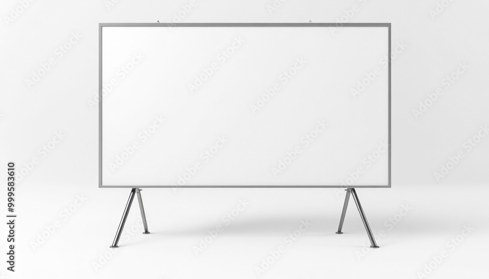 Blank whiteboard display on metal legs standing in a white room Blank whiteboard display on metal legs standing in a white room