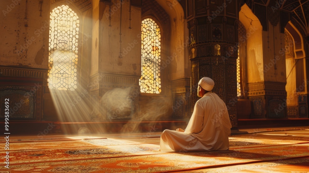 A man sits in a large room wearing a white robe, possibly representing spiritual or ceremonial significance A man sits in a large room wearing a white robe, possibly representing spiritual or ceremonial significance