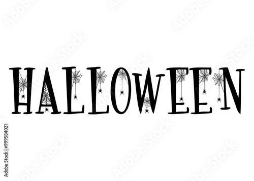 Logo con palabra Haloween con letras con tela de araña y araña colgando para tarjetas y felicitaciones de Halloween