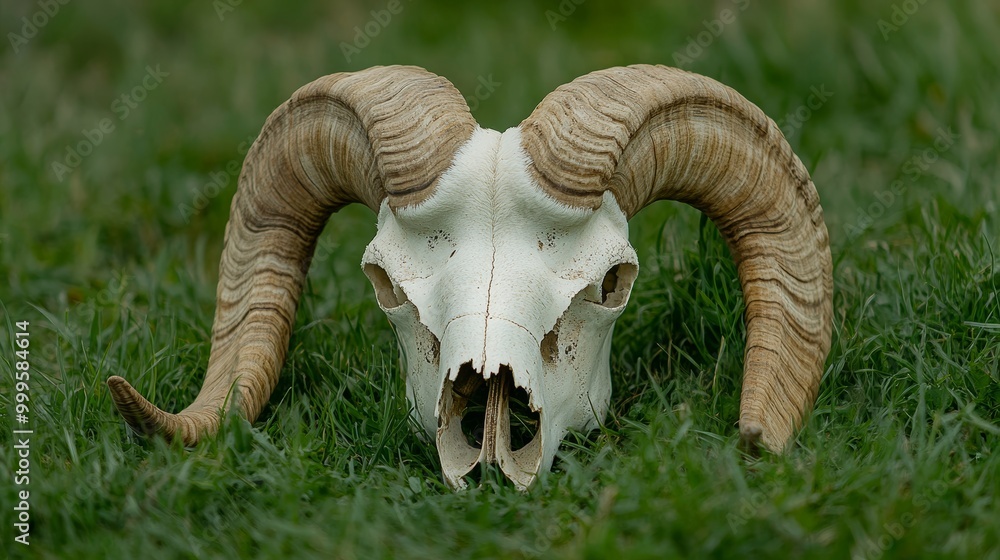 A white rams skull has been lying in the grass on the farm for a long time A white rams skull has been lying in the grass on the farm for a long time