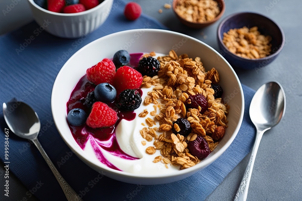 Energizing Yogurt Bowl with Granola and Tropical Berries for a Nutritious Breakfast Energizing Yogurt Bowl with Granola and Tropical Berries for a Nutritious Breakfast