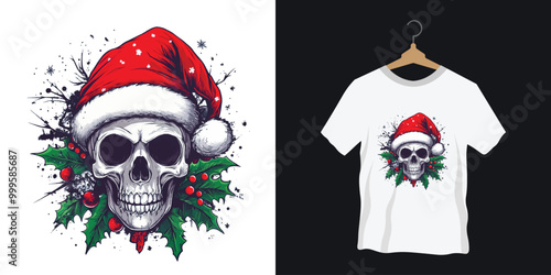 Christmas t-shirt design with skull wearing santa hut
