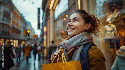 Cheerful woman holding shopping bags and admiring store displays while strolling through the city shopping district