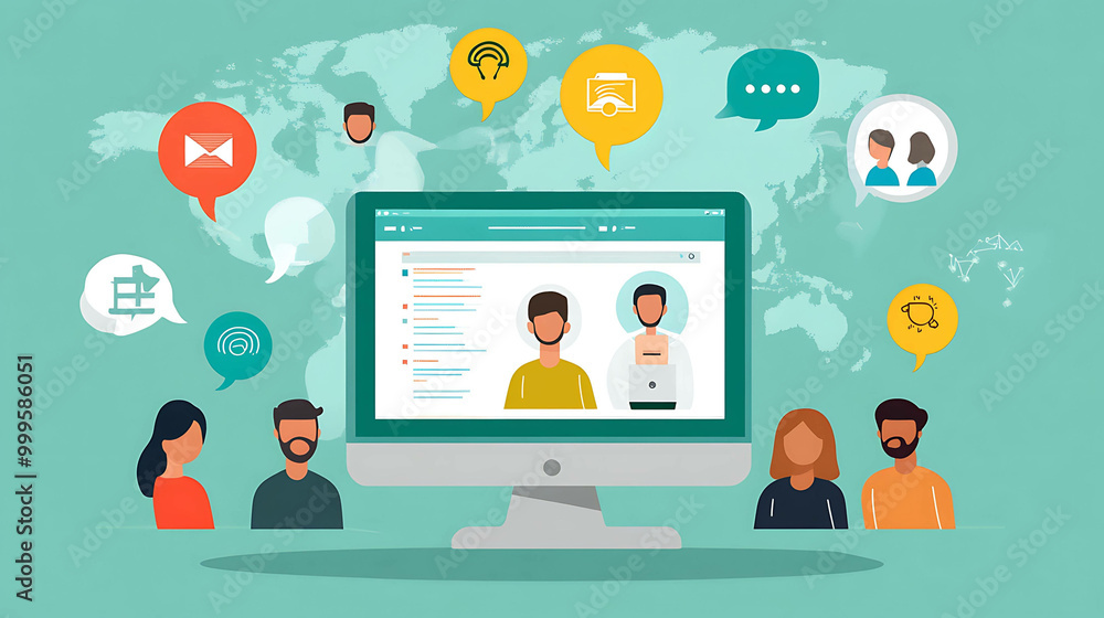 A computer screen with a video conference call showing two people on the screen. Several people are on each side of the screen, symbolizing the global nature of online meetings. A computer screen with a video conference call showing two people on the screen. Several people are on each side of the screen, symbolizing the global nature of online meetings.