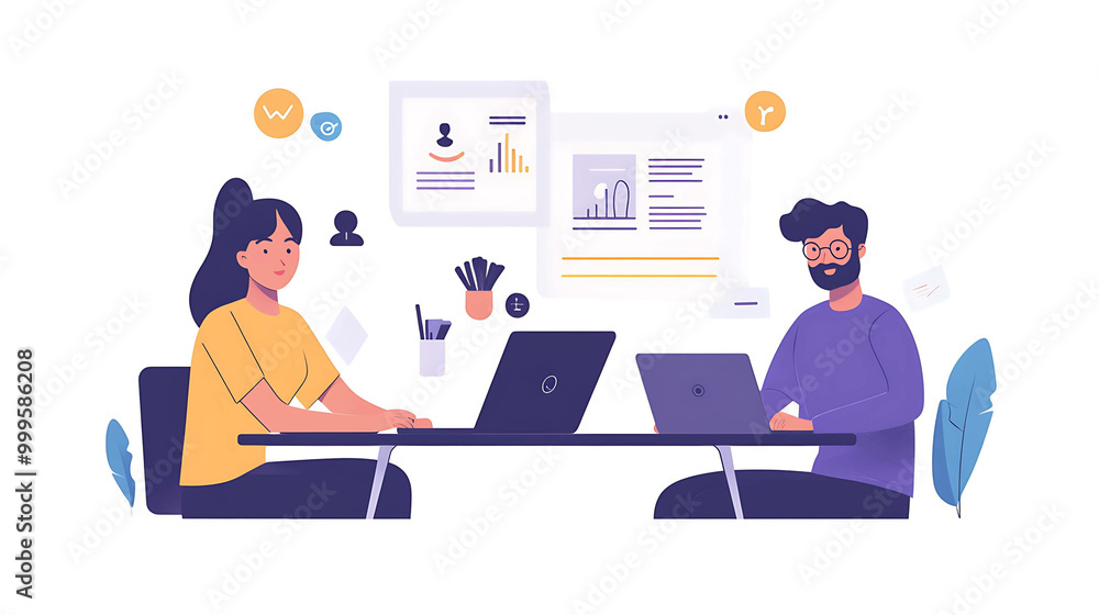 Two colleagues are working on their laptops at a desk with papers, charts, and other office supplies. Two colleagues are working on their laptops at a desk with papers, charts, and other office supplies.