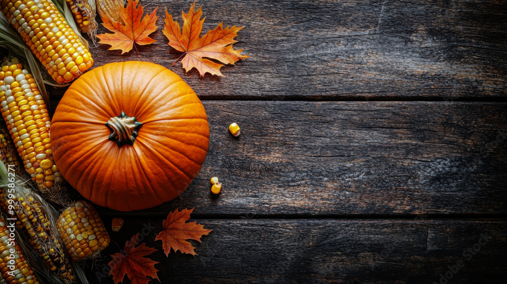 A rustic autumn display featuring a vibrant pumpkin, autumn leaves, and corn on a wooden surface, celebrating the fall harvest season A rustic autumn display featuring a vibrant pumpkin, autumn leaves, and corn on a wooden surface, celebrating the fall harvest season