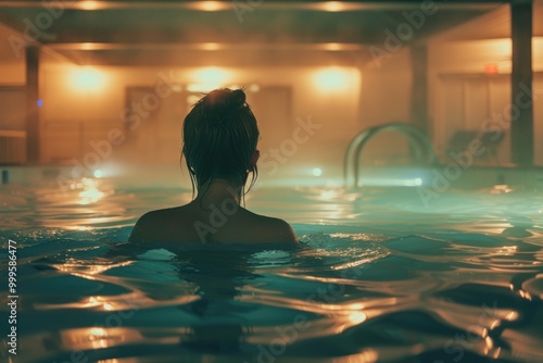 A woman sits in the center of a swimming pool, surrounded by water
