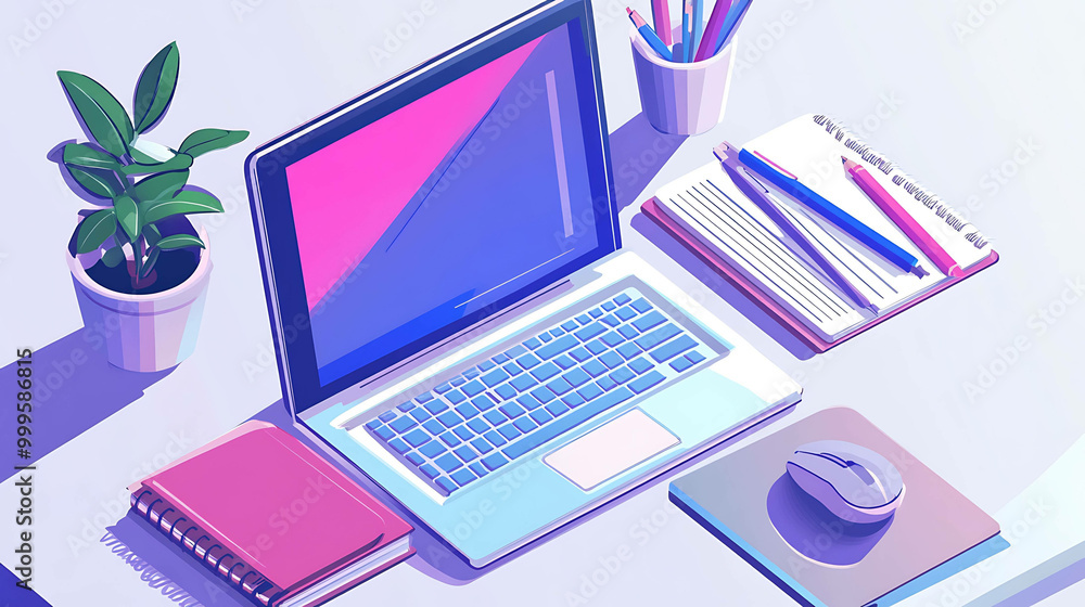 A modern, minimalist work space with a laptop, notebooks, pencils, and a plant. A modern, minimalist work space with a laptop, notebooks, pencils, and a plant.