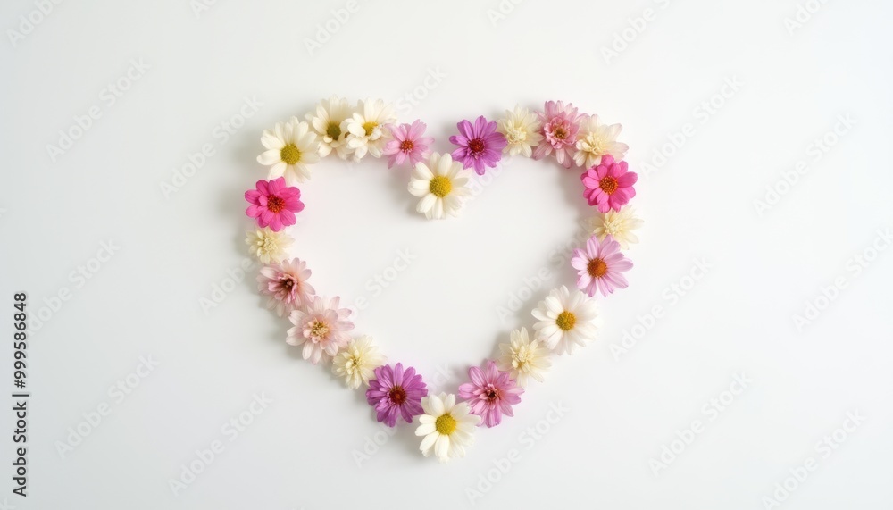 Obraz premium A delicate heart-shaped floral wreath made of small pink, purple, and white flowers is arranged on a white background, symbolizing love and beauty.
