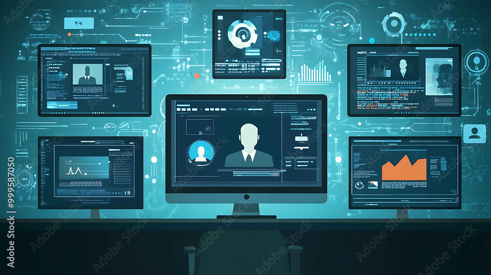 Obraz premium Computer screens with various data and a digital background.