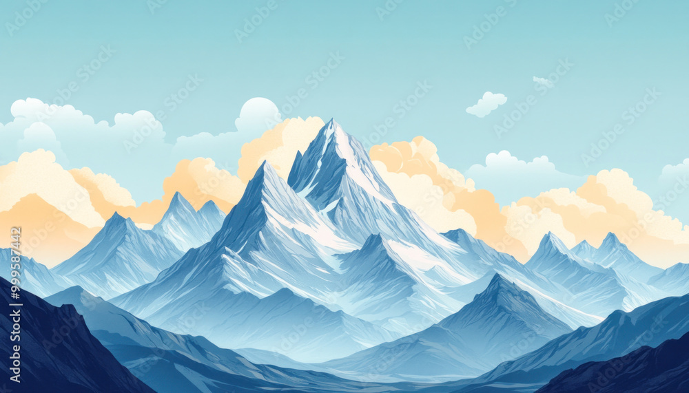 Majestic snow-capped mountain range towering over a valley Majestic snow-capped mountain range towering over a valley