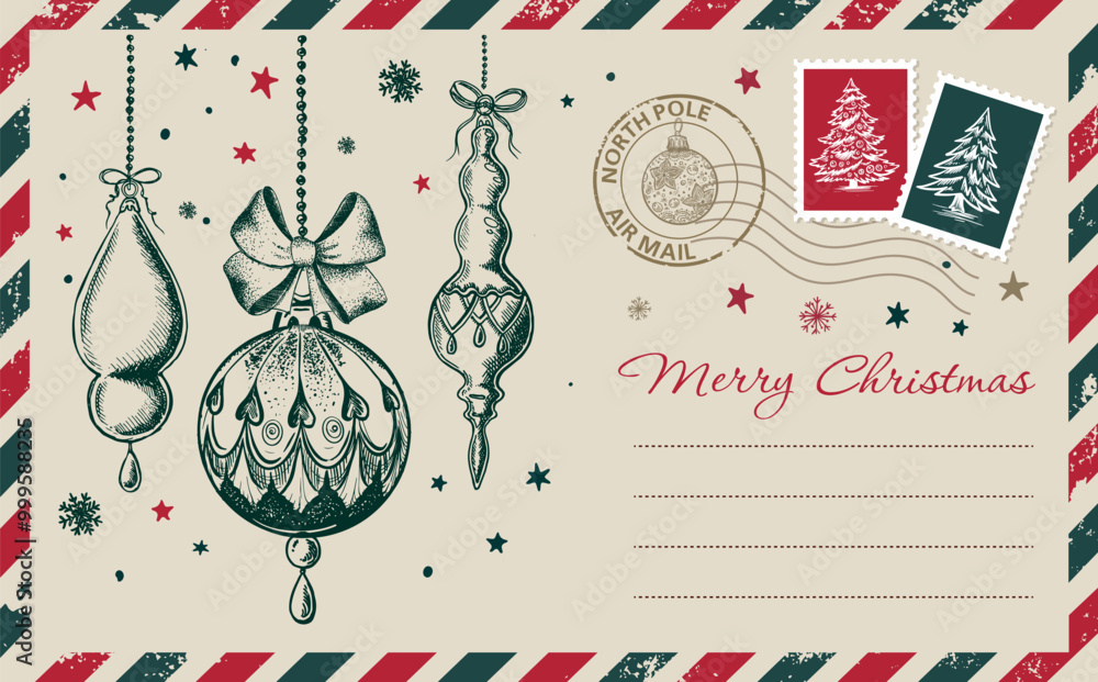 Christmas mail with toy, postcard, hand drawn illustration.
Christmas mail with toy, postcard, hand drawn illustration.