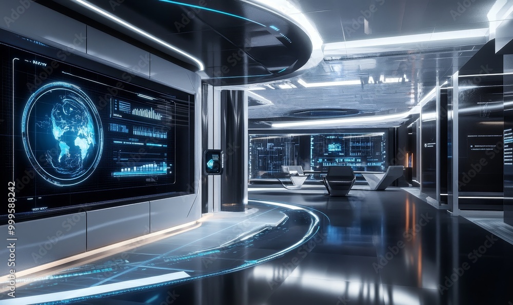 Futuristic room with glowing displays and digital maps. Futuristic room with glowing displays and digital maps.