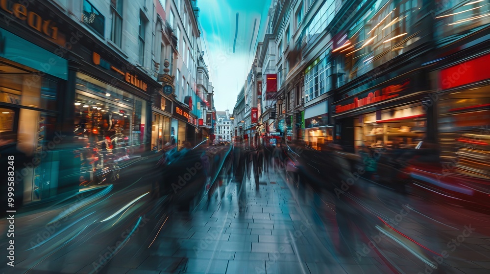 Motion blurred view of busy shopping street in London with pedestrians and vibrant storefronts Motion blurred view of busy shopping street in London with pedestrians and vibrant storefronts